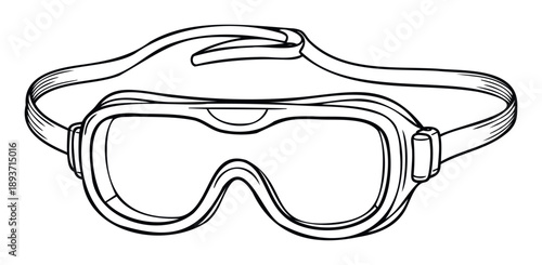 Stylized outline of protective swimming goggles featuring a secure, adjustable head strap, ideal for water sports, pool activities, and eyewear safety promotion.