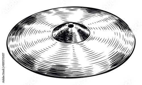 Striking black and white woodcut style depiction of a classic drum set cymbal, ideal for musical event promotions, studio branding, percussion education, and instrument store advertisements.
