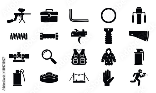 Essential collection of paintball and tactical equipment icons featuring markers, protective gear, and operational tools, suitable for gaming, sports event promotion, and outdoor adventure