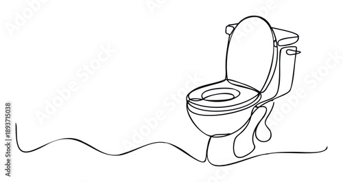 Minimalist one line drawing of a modern toilet with an open lid, perfect for plumbing advertisements, bathroom decor projects, and abstract hygiene concepts.