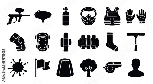 Essential paintball equipment and accessory set featuring combat gear, safety apparel, paint splatters, and field obstacles for dynamic sports promotion, competitive game development, and