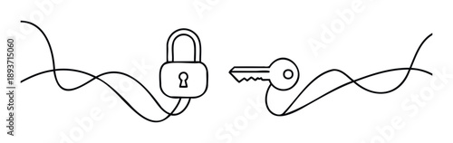 Simple black line drawing of a secure padlock with a keyhole connected to a metal key, representing problem solving, data protection, and unlocking potential for web graphics or print media.
