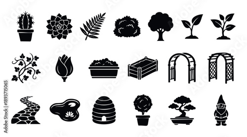 Collection of garden and plant silhouette icons including diverse flora and landscaping elements ideal for horticulture applications, outdoor living themes, or botanical projects.