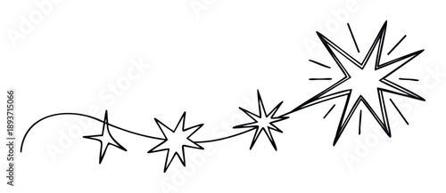 Hand drawn abstract sparkling stars line doodle element with a sense of progression, ideal for festive graphics, celebratory event decorations, or playful overlay applications.