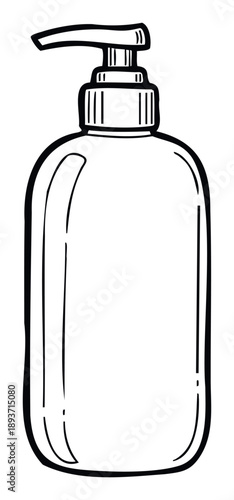 Black and white hand drawn liquid soap dispenser bottle with pump for personal hygiene and sanitation in bathroom or kitchen setting, suitable for various product packaging and cleaning