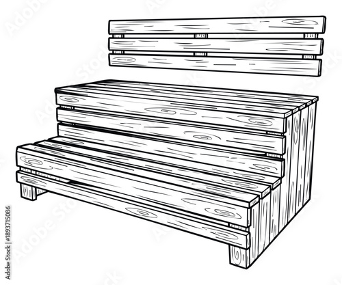 A sturdy wooden bench with a separate backrest is ready for outdoor seating or garden decoration, perfect for parks, patios, and backyard landscaping projects.