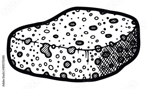 Stylized hand drawn black and white sponge with bubbles, perfect for household cleaning product packaging, educational materials, or web graphics related to hygiene and daily chores.