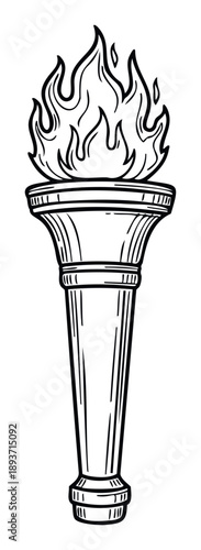 Bold black outline drawing of a stylized torch with a dynamic flame, embodying strength and enlightenment for educational projects and symbolic brand representations.