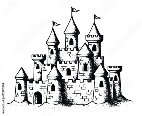 Detailed hand drawn medieval castle with towering turrets and waving flags provides an excellent visual for historical themed adventure games or enchanting storybook covers