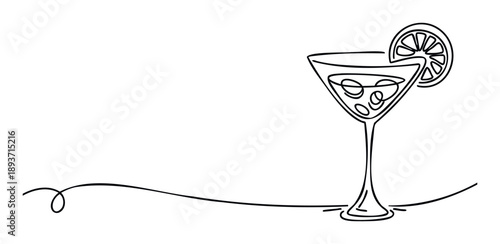 Elegant continuous line drawing of a refreshing cocktail glass with a lemon slice, perfect for event invitations, drink menus, or modern graphic design projects