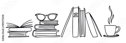 Simple outline drawing of stacked books with eyeglasses and a steaming cup, perfect for educational materials, literary blogs, reading promotions, or cozy home decor concepts.