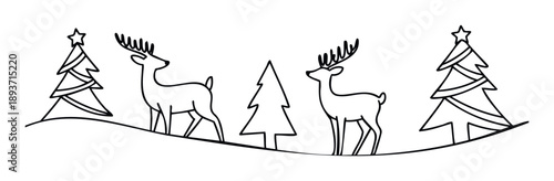 Two majestic deer stand among festive Christmas trees and a winter evergreen in a charming line art illustration perfect for holiday greetings and seasonal decorations