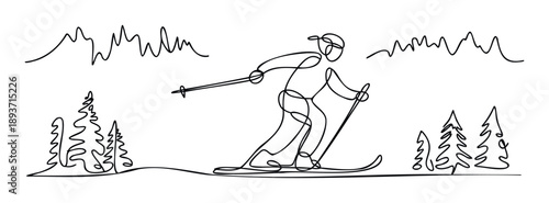 Continuous line drawing of an active skier gliding through a snowy mountain landscape with pine trees, ideal for winter sports advertisements, holiday season designs, or outdoor adventure