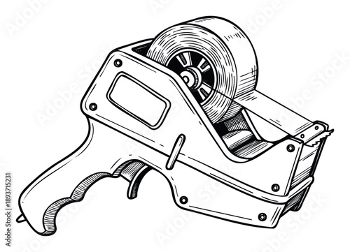 Heavy duty handheld tape dispenser with a large roll of adhesive packing tape, perfect for packaging, shipping, moving, and office supply needs, illustrating efficiency