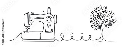 Continuous single line drawing illustrating a classic sewing machine connected by a flowing thread to a stylized growing tree, perfect for promoting sustainable textile processes and