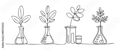 Continuous line drawing depicting various plants growing in scientific laboratory flasks and beakers, ideal for modern scientific research, biotechnology, or botanical study related content