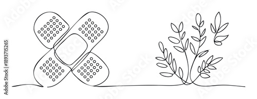 Continuous line drawing of crossed medical bandages connected to a growing plant, symbolizing natural healing and wellness for health and pharmaceutical presentations.