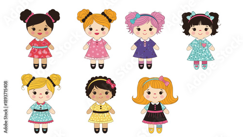 Collection of seven diverse doll illustrations featuring various skin tones hair colors and stylish dress patterns on white.
