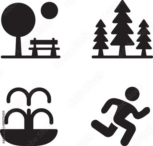 This black-and-white icon set features park and recreation symbols—trees, benches, fountains, and jogging figures—ideal for signage, maps, apps, and public space design visuals.