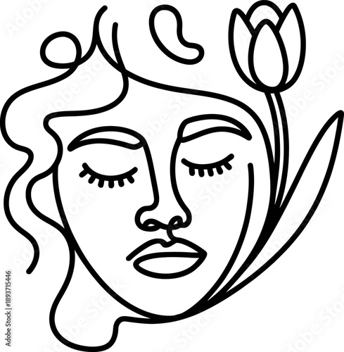This minimalist black-and-white line drawing features a peaceful female face with flowing hair and a tulip—symbolizing elegance, calm, and beauty in a modern, continuous-line style.