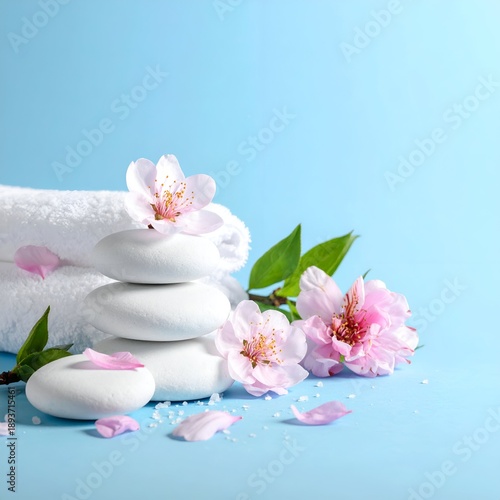 A tranquil spa setting featuring smooth stones, delicate pink flowers, and a soft towel against a serene blue backdrop