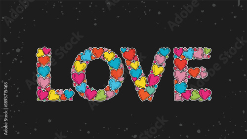Word LOVE spelled out using many small colorful heart shapes on a dark background with white speckled dust particles.