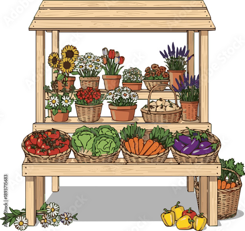 Create a realistic Wooden stand with flowers and vegetable baskets, vector art with white background.