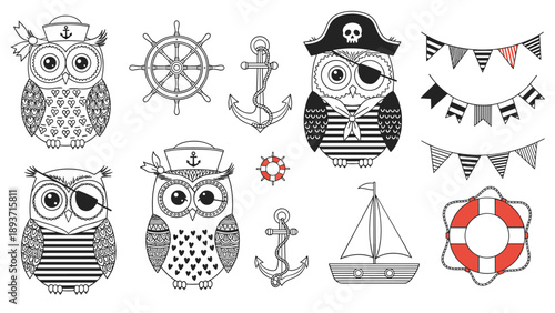 Nautical themed line art illustrations featuring owls in sailor and pirate outfits with anchors ships and lifebuoys on white.