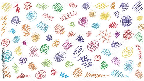 Vibrant collection of colorful hand-drawn scribbles swirls and messy lines scattered across a plain white background.