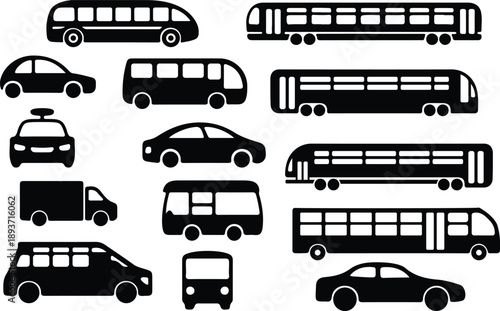 Collection of black silhouette vehicle icons including cars buses and trucks for transportation concept isolated on checkered background, urban and city transport design