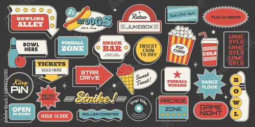 Retro entertainment sticker set with bowling, arcade, jukebox, hot dog, popcorn, ice cream and more icons in midcentury 50s style. Vector illustration for fun, party, posters, retro vibes