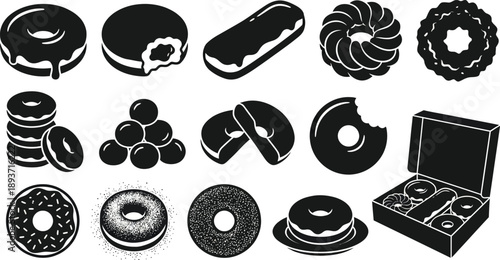 Donut Silhouette Vector Set Design – Assorted Doughnuts Ring Filled Glazed Sprinkles Bites Clean Black Dessert Collection