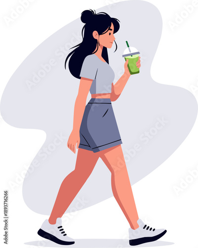 Create a realistic Young and stylish Asian woman walking and holding a smoothie in her hand vector art with white background.