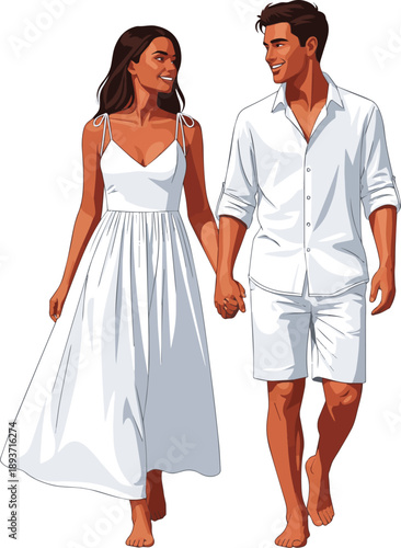  Create a realistic Young couple in white resort style clothes walking barefoot and hand in hand vector art with white background..