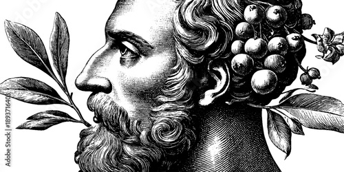 Classical portrait of middle aged man with botanical elements in vintage style