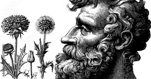 Classical portrait of middle-aged man with vintage botanical elements