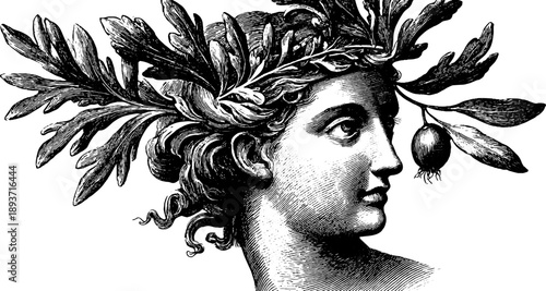 Classical vintage portrait of middle-aged woman with botanical elements for artistic design