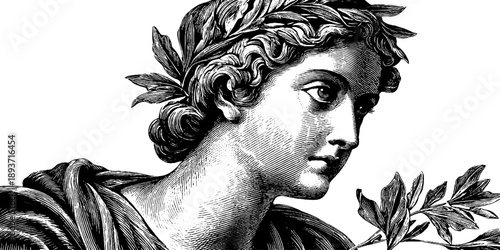 Vintage portrait of a middle aged woman in classical style with botanical elements