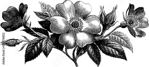 Vintage botanical heraldic ornament with floral engraving in retro style for design projects