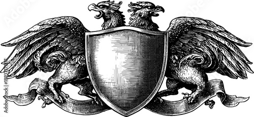 Vintage botanical heraldic shield with griffin silhouette for design and decoration