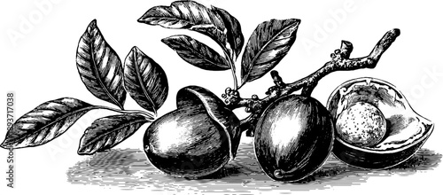 Vintage botanical engraving of whole nutmeg spice with shell and leaves for retro design