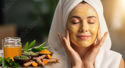 Woman enjoying natural turmeric face mask for radiant skin