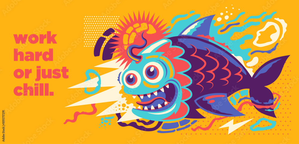 Fototapeta premium An abstract illustration with a comic fish and colorful shapes. Vector illustration.