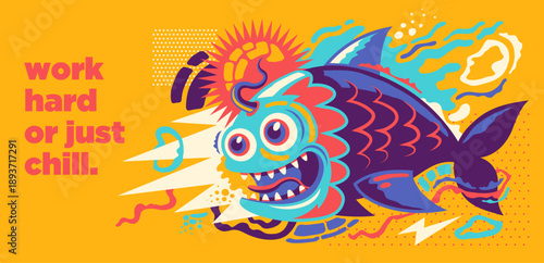 An abstract illustration with a comic fish and colorful shapes. Vector illustration.