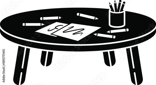  Kids Drawing Table Silhouette Vector – Child Toy Wooden Table Paper and Pencils