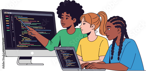 Three individuals collaborating on coding project with computer and tablet in modern workspace