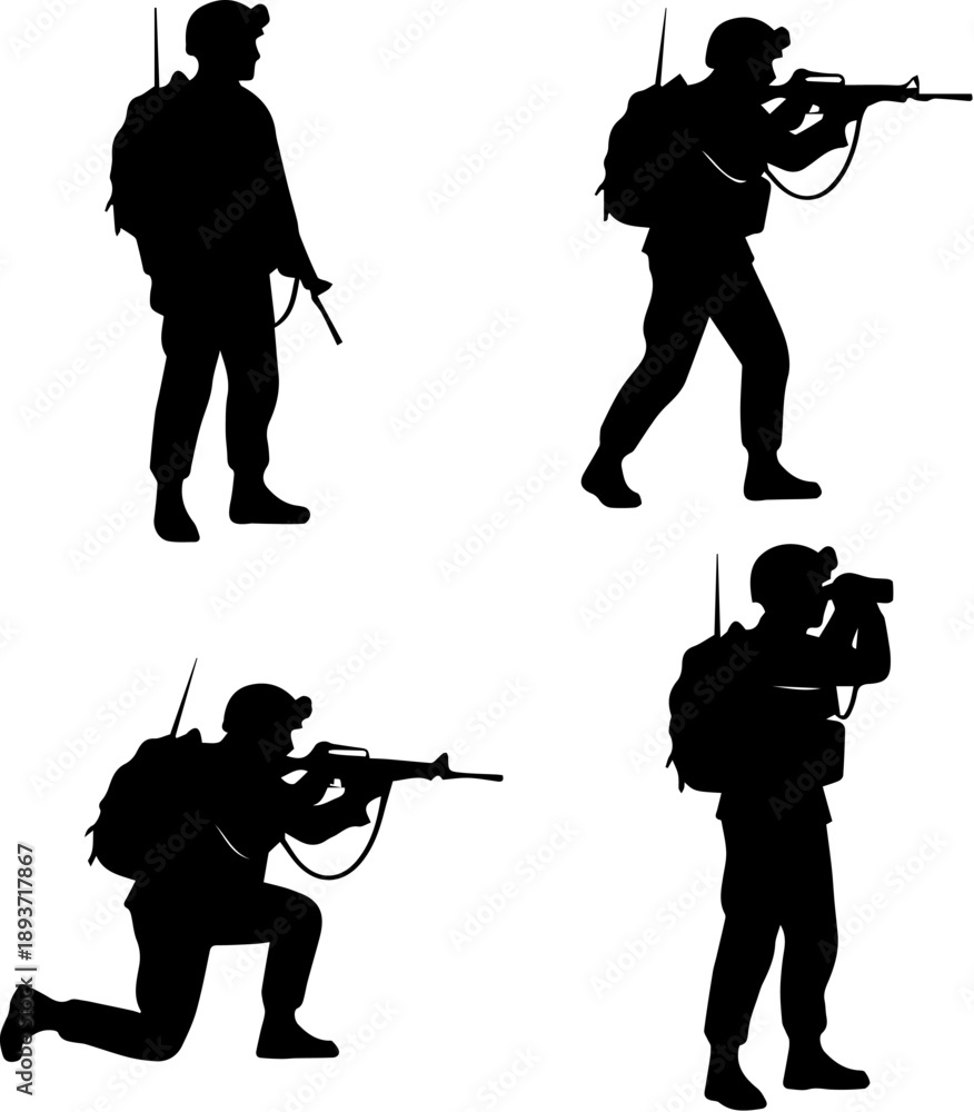 Naklejka premium Soldiers in tactical positions with guns and backpacks