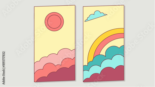 Vibrant cloudscapes with sun and rainbow in modern art style