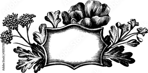 Vintage botanical ornamental frame with blank plaque for elegant design