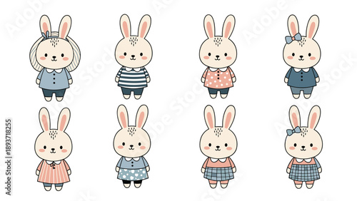 Collection of eight cute bunny characters in various stylish outfits like sweaters and dresses shown on a white background.